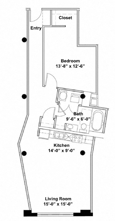 Floor plan for 1 bed, 1 bath, 911 sqft